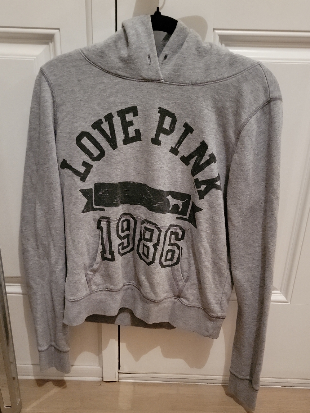 Pink Victorias Secret Hooded Sweatshirt. Gray With Navy Print. Size Med.
